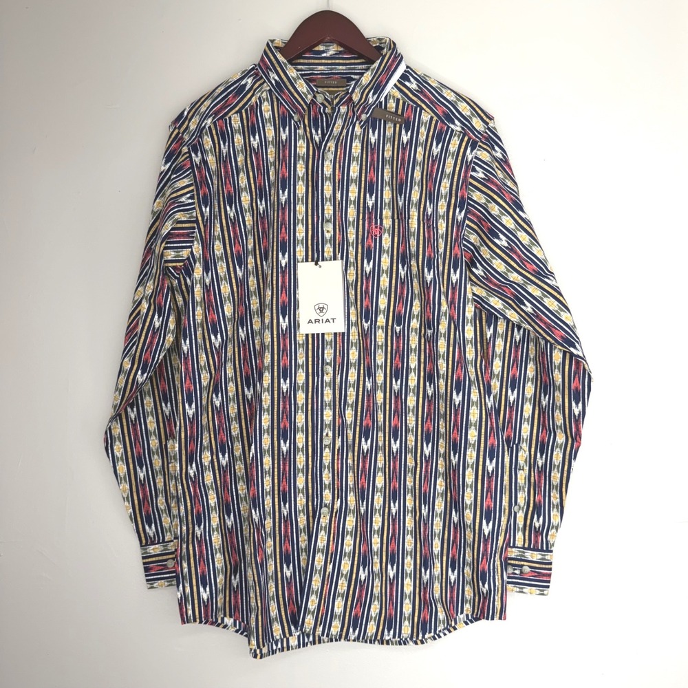 Ariat Chaz Fitted LS Shirt Navy Multi Ikat Western Button Down Mens L